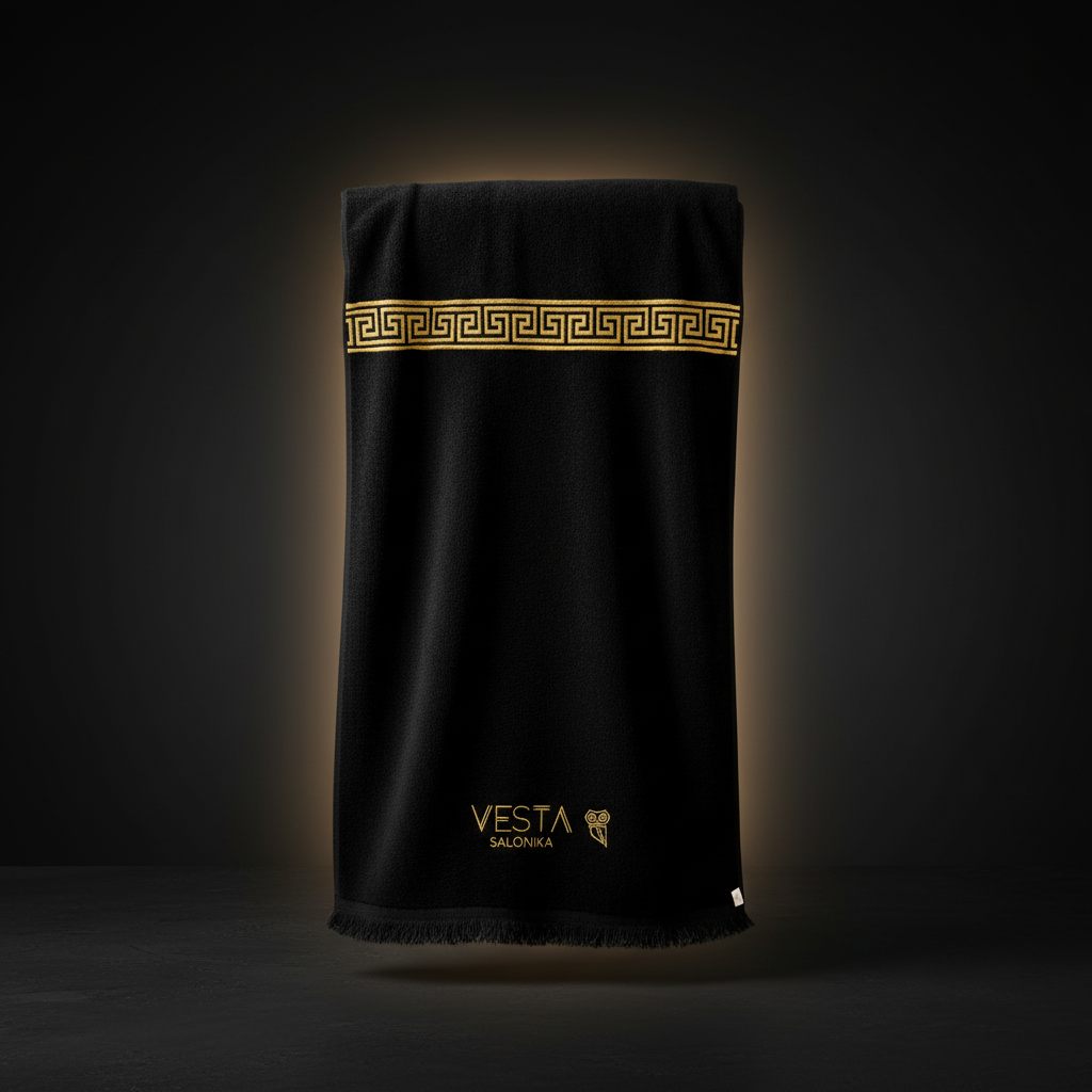 Toalla de rizo extragrande CAMPANI™ con estampado de llave griega en dorado, color negro